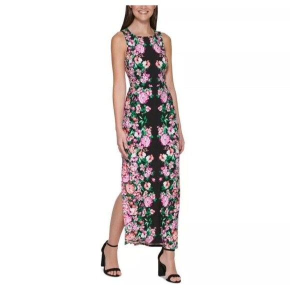 Guess Peekaboo-Back Jersey Maxi Dress Women's 0 Black Multi Floral Sleeveless - Picture 1 of 10
